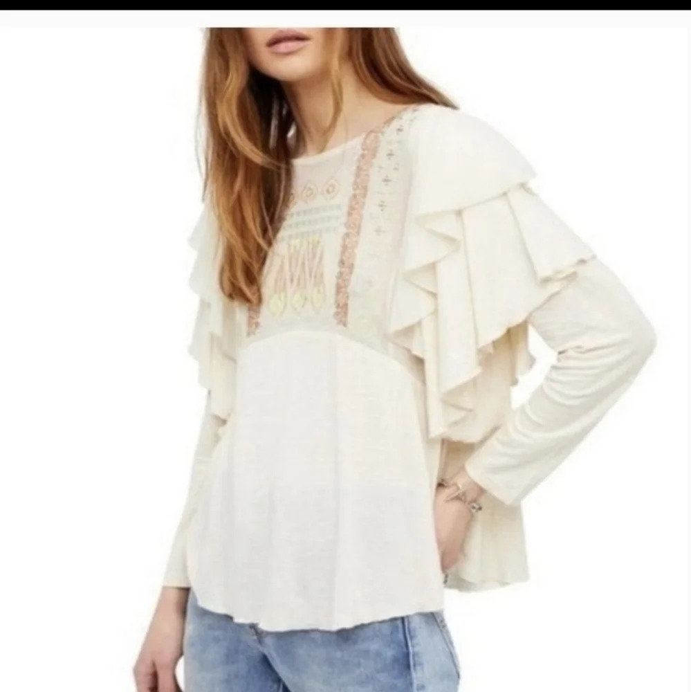Free People La Cienega Embroidered Top Ruffled Layered Lace Eyelet Bohemian XS